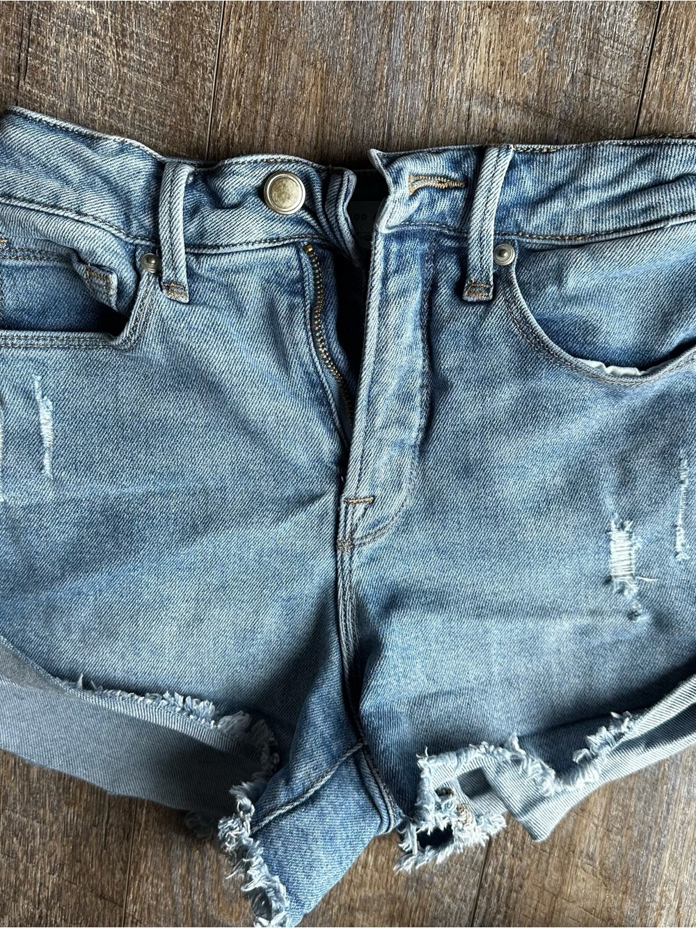 Good American Light Blue Distressed Denim Shorts